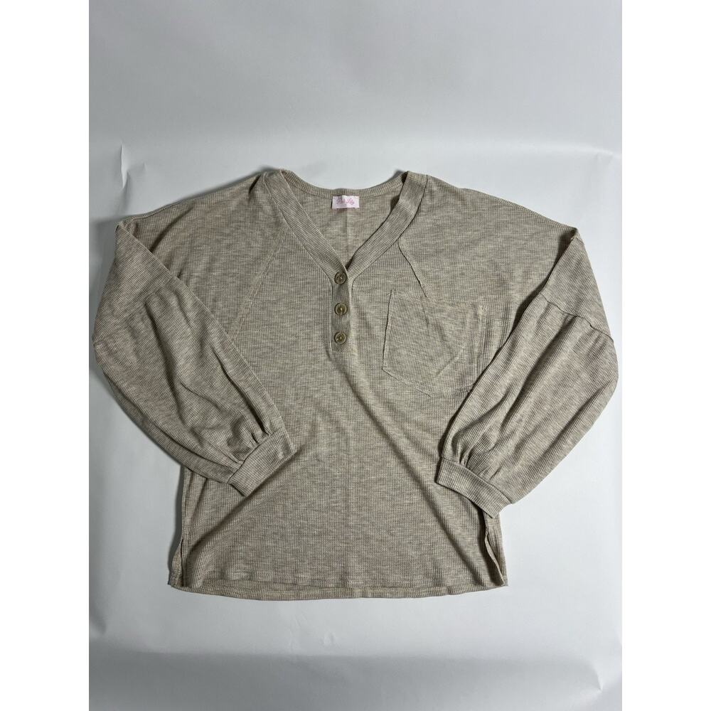Pink Lily Women's Beige Knit Button V-Neck Relaxed Long Sleeve Top Size S